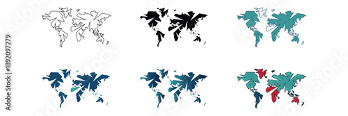 A detailed collection of world map illustrations showcasing continents and global issues in various colors, representing Earth's geography and international scope