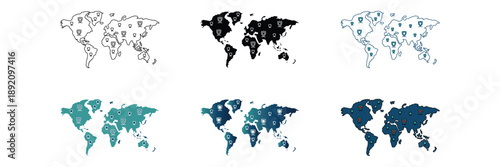 Detailed World Map Infographic with Global Icons and Continent Colors for Geography and Worldwide Information