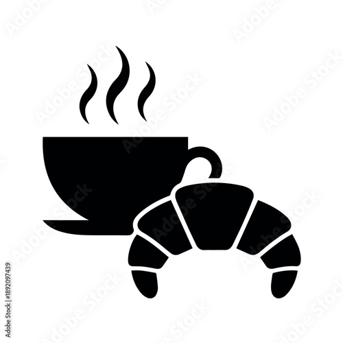 A black vector graphic of a steaming hot cup of coffee with a croissant pastry on a white background