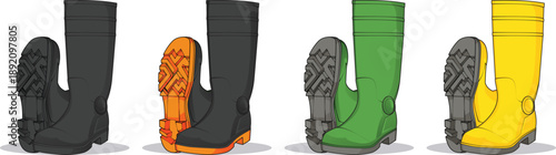 Set of heavy duty wellington rubber boots isolated on white background. Collection of protective footwear for construction, mining, farming, and security guard. Safety shoes in black, orange, green, a
