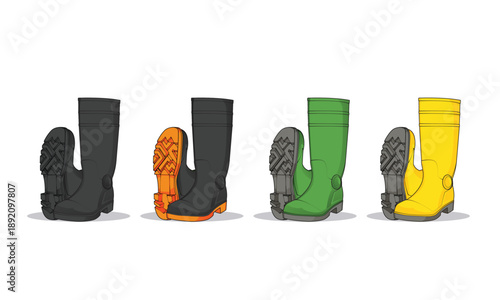 Set of heavy duty wellington rubber boots isolated on white background. Collection of protective footwear for construction, mining, farming, and security guard. Safety shoes in black, orange, green, a