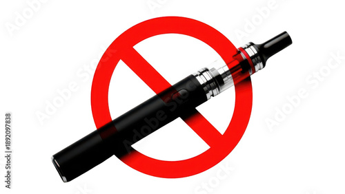 Vaping is prohibited: a bold red no symbol crosses an electronic cigarette isolated on transparent background