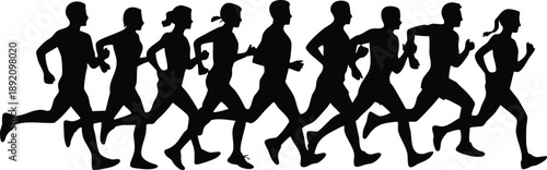 Silhouettes of a Large Group of People Jogging, Marathon Runners Silhouette Illustration in Motion, vector, illustration, silhouette.