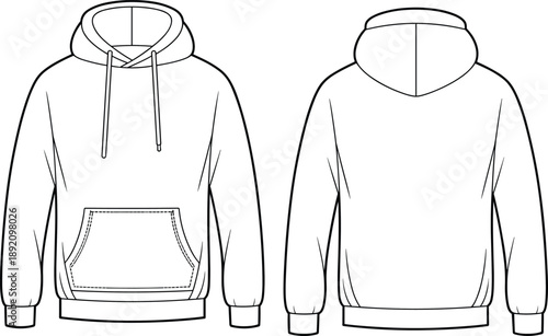 Flat technical sketch of basic pullover hoodie with kangaroo pocket, drawstring hood and cuffed sleeves, front and back CAD view