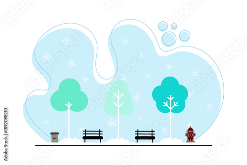 Minimal flat illustration of a winter urban park featuring trees, benches, snow, and a fire hydrant.