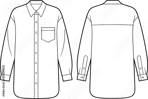 Flat vector sketch of classic long sleeve shirt with front pocket, button placket, back yoke, collar, fashion technical drawing
