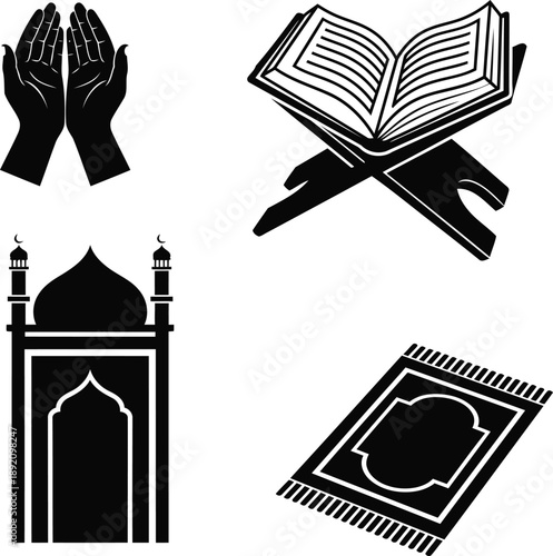 Islamic cultural symbols for prayer mosque quran and prayer mat illustration