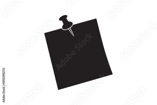Black silhouette of sticky note with push pin isolated on white background for memo design