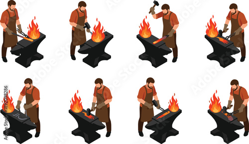 Blacksmith forging hot metal on anvil, traditional metalwork process, industrial craftsmanship illustration set, isolated vector
