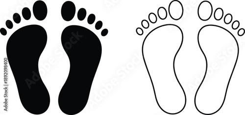 Footprint vector illustration with filled and outline style, black and white design, symbolic representation of steps, walk, motion, identity, and tracking.