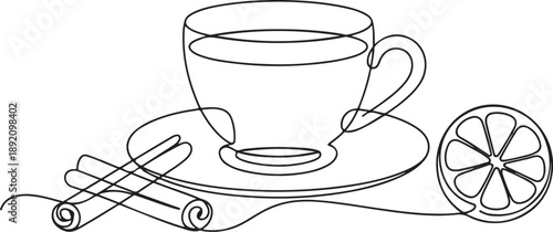 Hot tea cup with lemon slice and cinnamon sticks on saucer cozy warm drink line icon