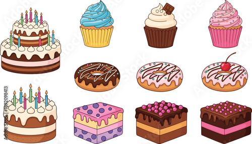 Cute cakes cupcakes donuts illustration set, sweet bakery dessert collection, colorful pastry food icons, isolated vector