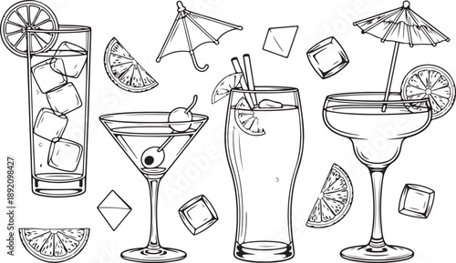 Different cocktail glasses with umbrellas citrus slices and ice cubes line drawings