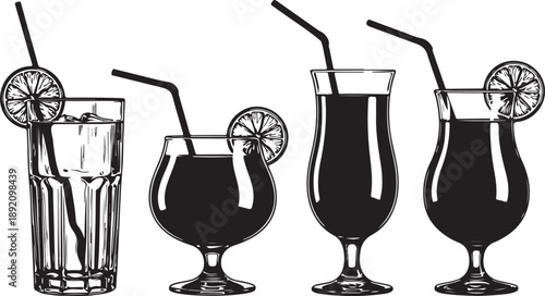 Assorted cocktail glasses with straws and citrus garnish beverage line icon set collection
