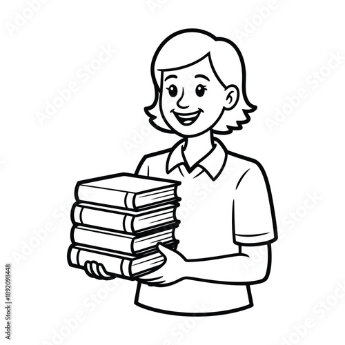 Happy female student holding heavy stack of books smiling cartoon character drawing