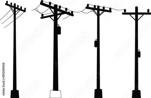 Four utility poles with electrical boxes, crossarms, insulators, power lines, silhouette design, energy distribution, urban infrastructure, electricity supply, engineering structure, network