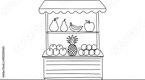 Outdoor market fruit stand with striped awning and fresh produce display line icon