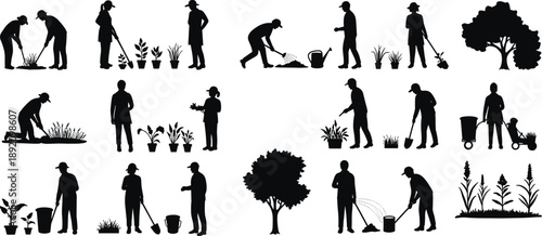 Gardening people silhouette collection, planting, watering, digging, harvesting, garden tools, tree care, horticulture activity, farming work, outdoor planting, black vector design