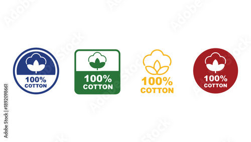 Four colorful 100 percent cotton logos on a white background