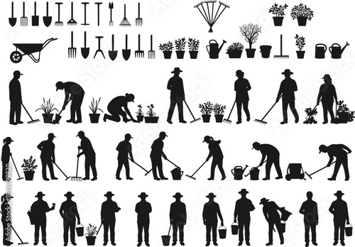 Gardening tools and equipment used by gardeners for planting, digging, and maintaining plants in pots, flowers, trees, and gardening activities in the outdoors.