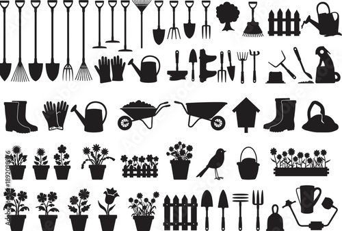 Gardening tools collection including spades, rakes, watering cans, gloves, wheelbarrows, plants, pots, boots, birdhouses, and flowers for outdoor gardening activities.