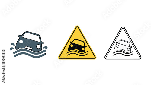 A set of warning signs indicating a car in floodwater