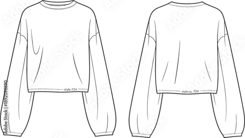 Front and back views of women’s cropped sweatshirt with long puffed sleeves, casual fashion illustration, clothing template, vector flat drawing