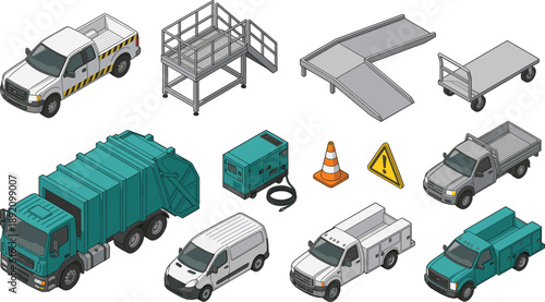 Industrial service vehicles and equipment illustration set, utility trucks generators platforms ramps, logistics safety collection vector