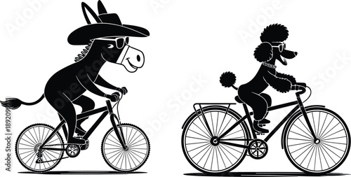 Funny cartoon donkey and poodle riding bicycles, wearing sunglasses, isolated on white background, perfect for humor, animation, children’s book, and illustration use.