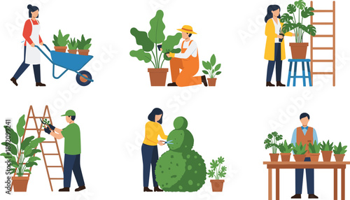 Gardening, people, caring, for, plants, illustration, gardeners, working, outdoors, trimming, watering, potting, greenery, horticulture, tools, nature, landscaping, plant, maintenance, activity