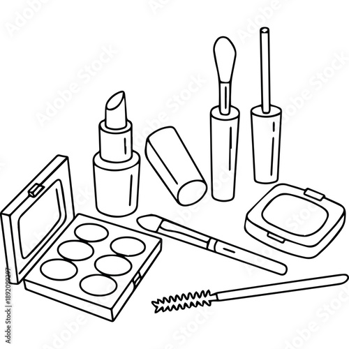 A set of makeup products and tools illustrated in a simple line art style on a white background