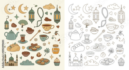 Hand-drawn vector sticker sheet comparing colored earthy-toned Islamic icons against black and white line art, featuring traditional Ramadan lanterns, prayer beads, dates, and mosque silhouettes in do