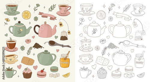 Dual panel set of cozy tea time elements featuring pastel colored vector stickers and black and white line art outlines, showing floral teapots, honey, and desserts in a flat lay composition.