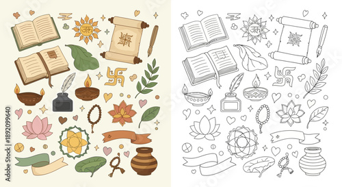 Collection of traditional Indian cultural and religious symbols, ancient knowledge elements, and decorative motifs in colored and outline versions.