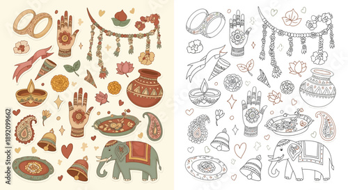 Colorful and outline illustrations of traditional Indian wedding and cultural elements, including henna hands, elephants, rings, and ritual items.