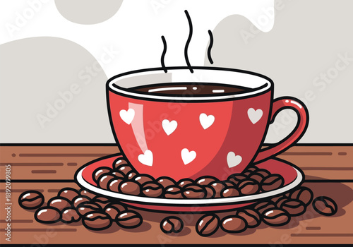 Hot coffee in red heart mug with scattered beans on wooden surface