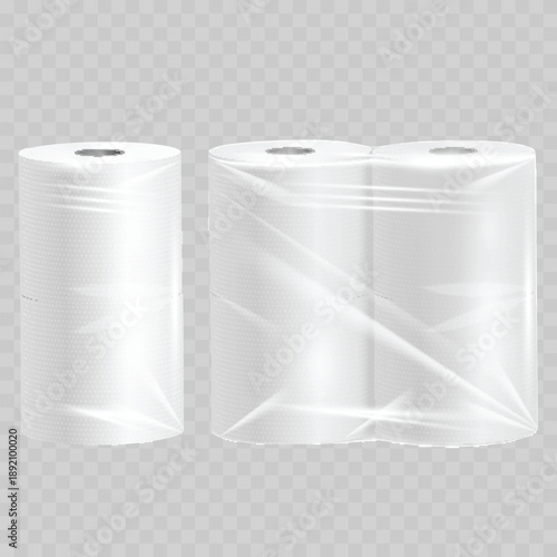 Realistic Toilet Paper Package Mockup Set. Vector White Plastic Shrink Wrap with Rolls.