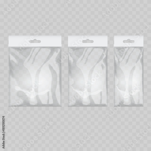 Realistic Transparent Plastic Bag Mockup Set with White Header. Vector Polybag Packaging Template with Hang Tab.