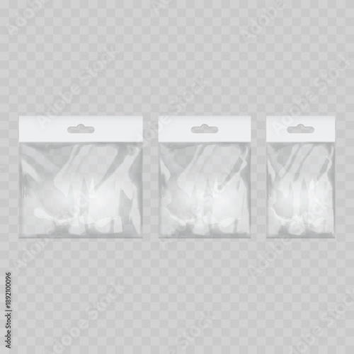 Realistic Transparent Plastic Bag Mockup Set with White Header. Vector Polybag Packaging Template with Hang Tab.