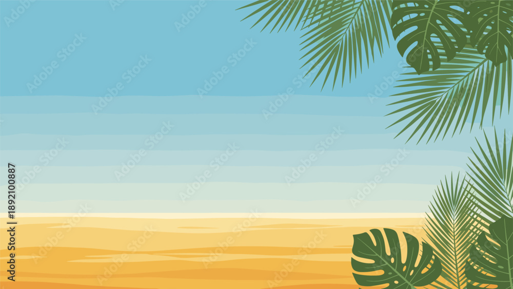 Fototapeta premium Tropical beach background with layers of sand and sea framed by green palm and monstera leaves in the corners for summer holiday concepts.