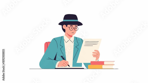 An illustrated man in a fedora and glasses diligently writing on a document at a desk with stacked books.