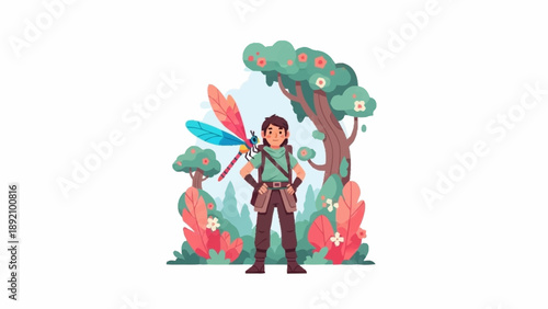 A young adventurer stands proudly with a vibrant dragonfly companion in a lush, stylized forest.