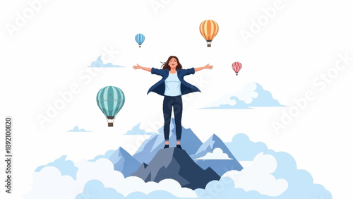 A confident woman stands triumphantly on a mountain peak with outstretched arms, surrounded by clouds and hot air balloons.