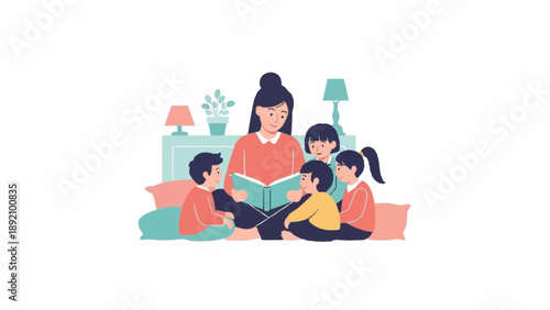 A caring woman reads an engaging storybook to four attentive children gathered around her in a cozy setting.