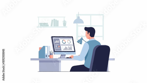 An illustrated man working at a desk on a computer displaying data analytics and charts in a modern office.