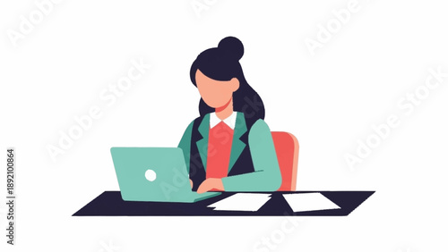 A professional woman with dark hair works diligently on a laptop at her desk, with papers beside her.