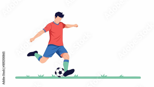 A male soccer player in a red shirt and blue shorts kicking a black and white ball on a green field.