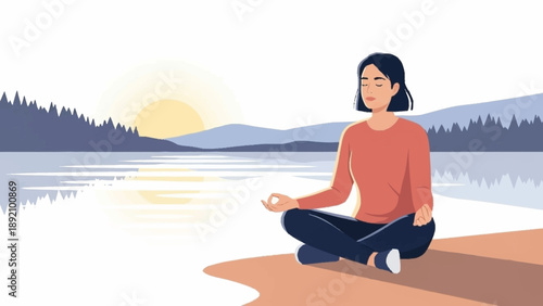 A young woman meditates peacefully by a calm lake at sunrise, surrounded by tranquil nature.