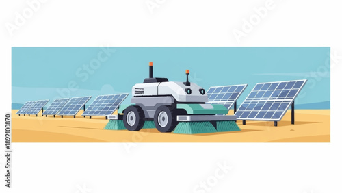 An autonomous robot cleans a long row of solar panels in a sunny desert environment.