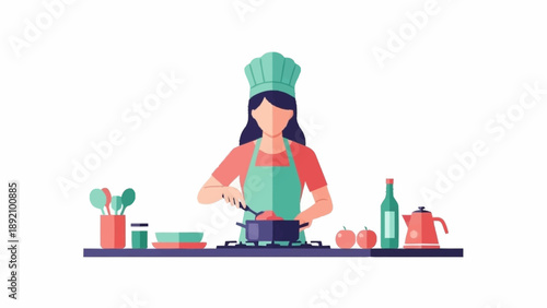 An illustration of a female chef preparing food on a stove, stirring a pot with kitchen utensils and ingredients nearby.